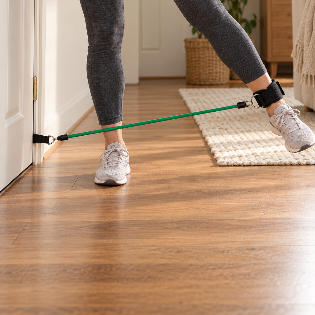 Woman using the ankle strap for a side leg step with the band anchored at the bottom of the door