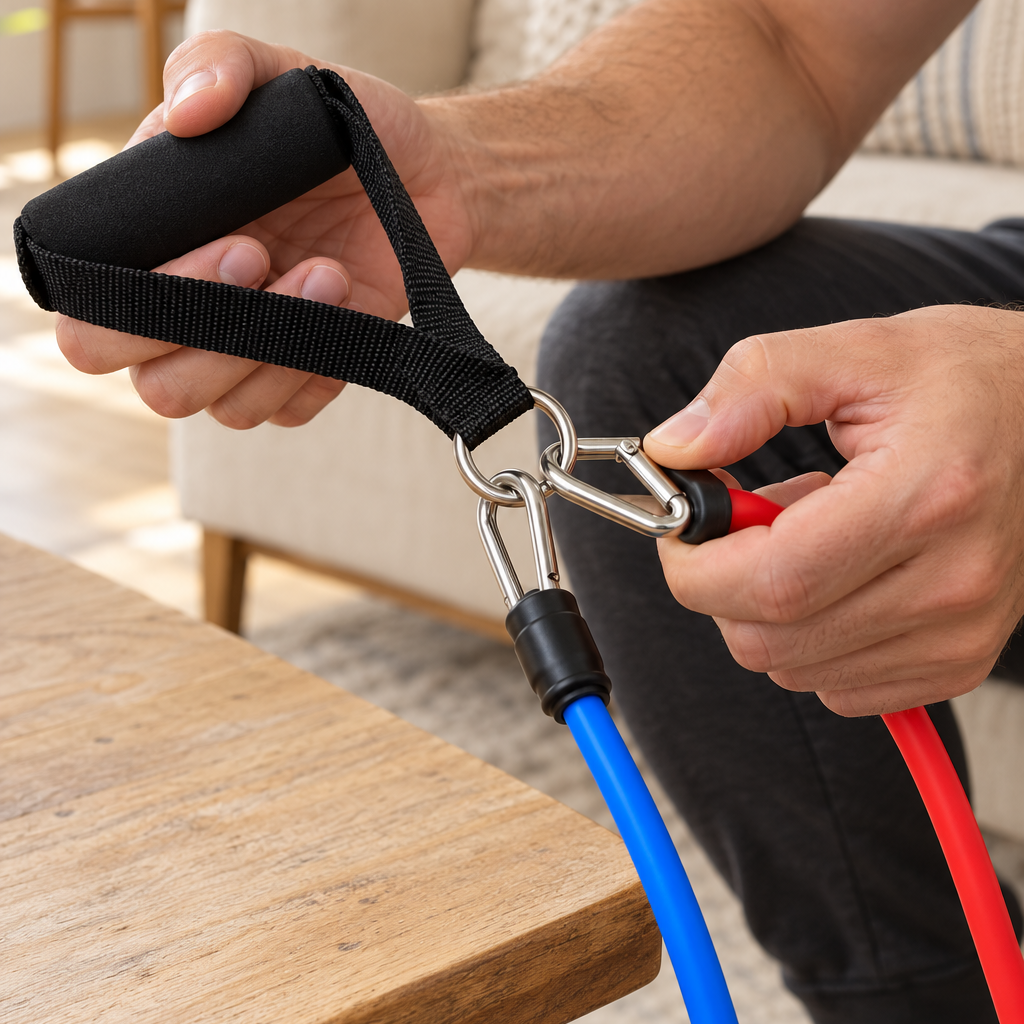 Hands clipping two bands into one handle with the carabiners
