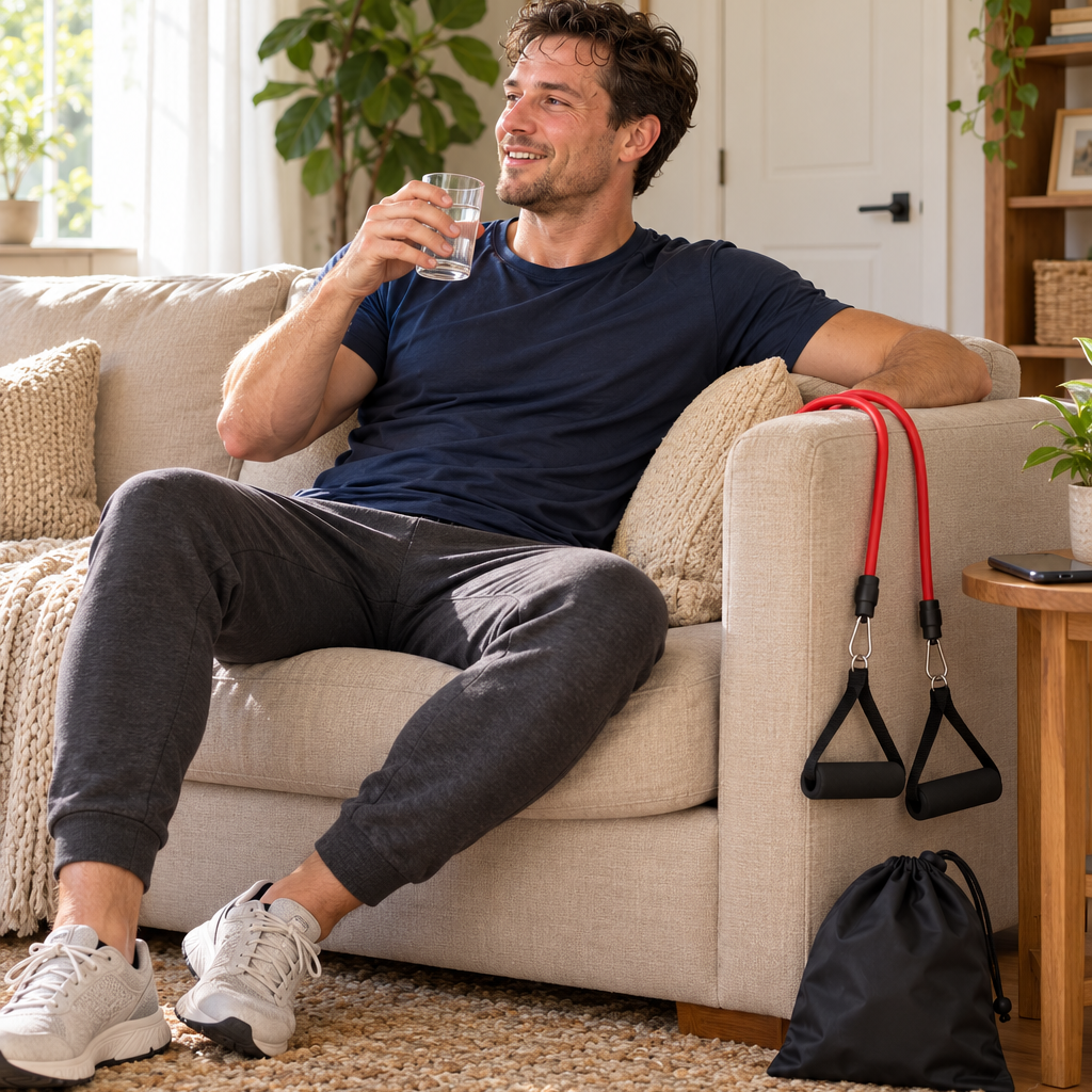 Resting on the couch after a workout with the bands and carry bag beside the sofa