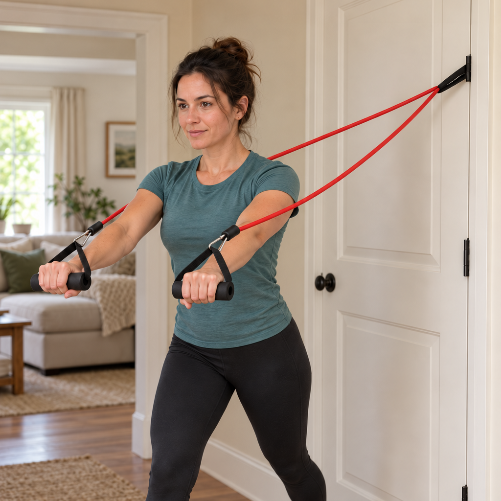 Woman doing a standing chest press with two bands clipped to the door anchor in her living room
