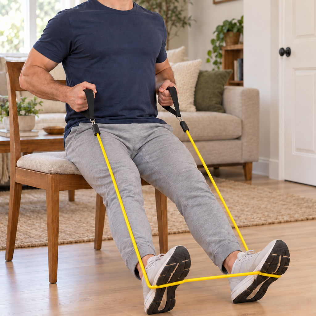 Man doing a seated row from a dining chair with the band around his feet