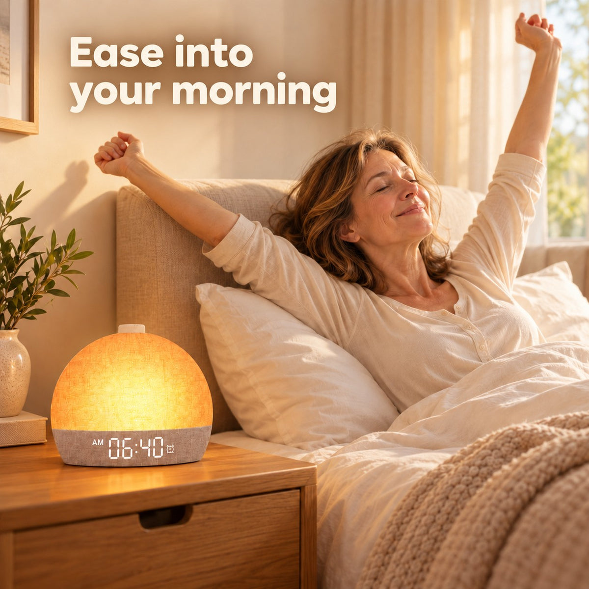 Woman stretching awake in bed next to the Soft Rise clock at 6:40 AM, text: Ease into your morning