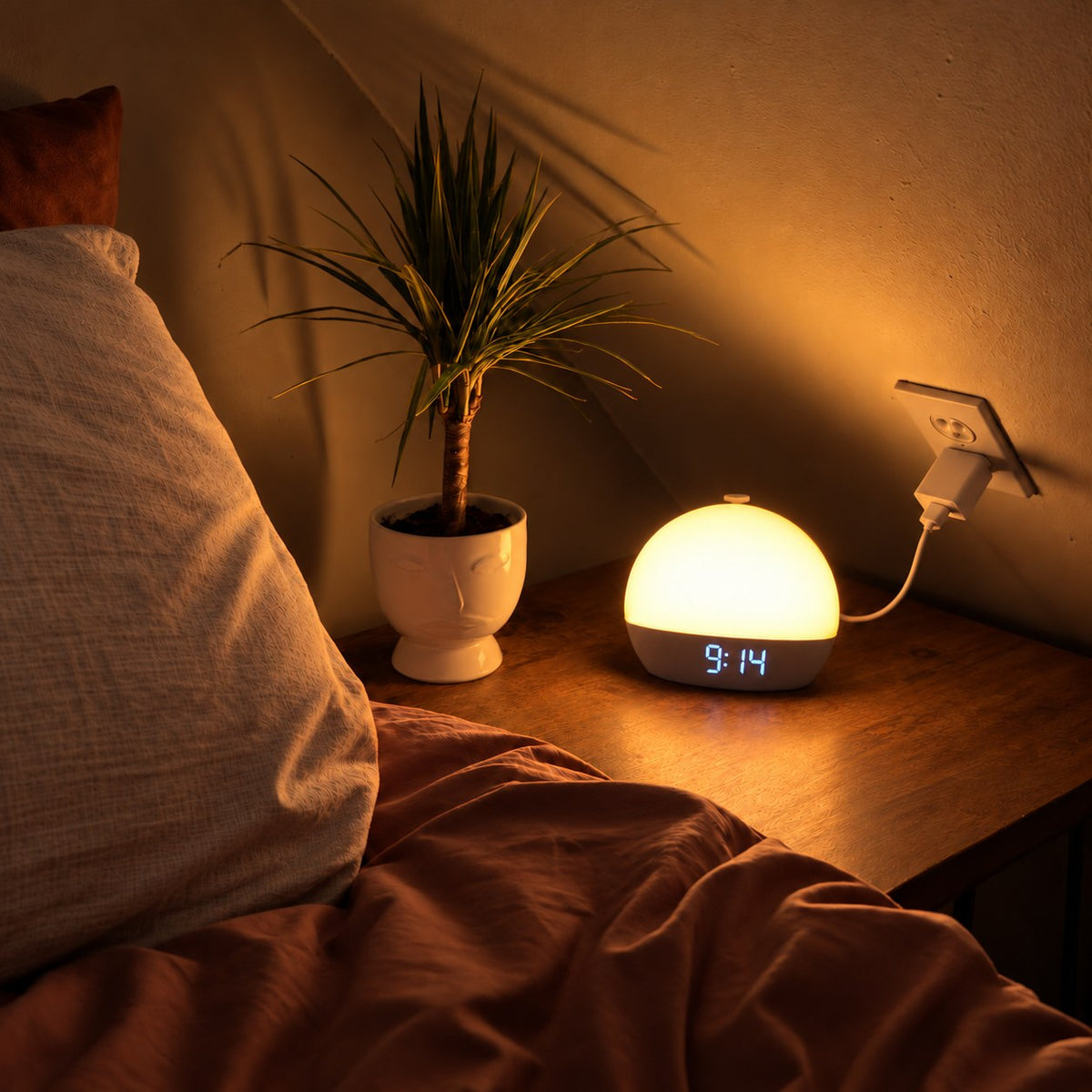 Soft Rise sunrise alarm clock glowing warmly on a bedside table at night