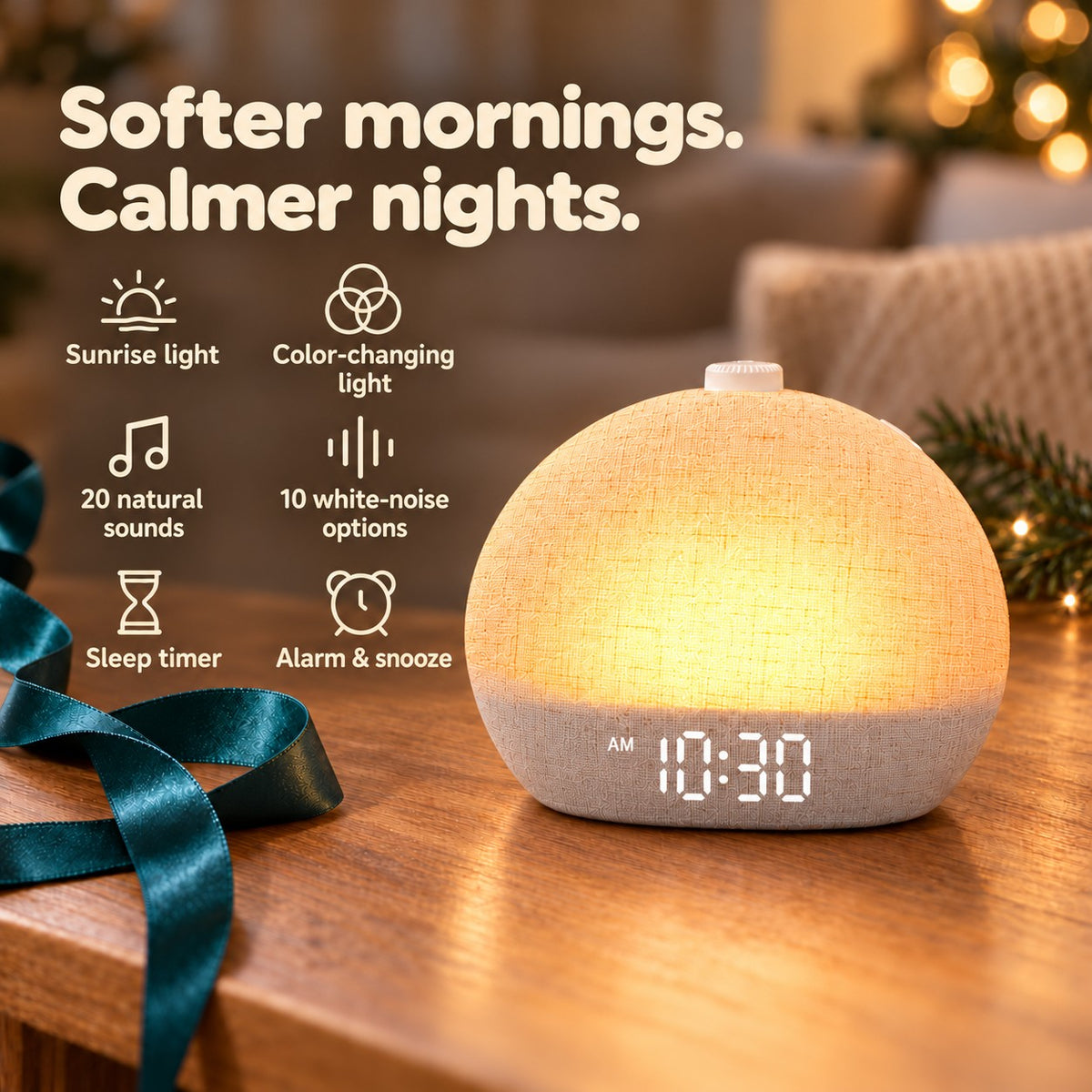 Feature list: sunrise light, color-changing light, 20 natural sounds, 10 white-noise options, sleep timer, alarm and snooze
