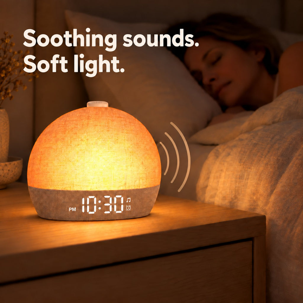 Clock in night mode at 10:30 PM with soft light while a woman sleeps, text: Soothing sounds. Soft light.