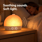Clock in night mode at 10:30 PM with soft light while a woman sleeps, text: Soothing sounds. Soft light.