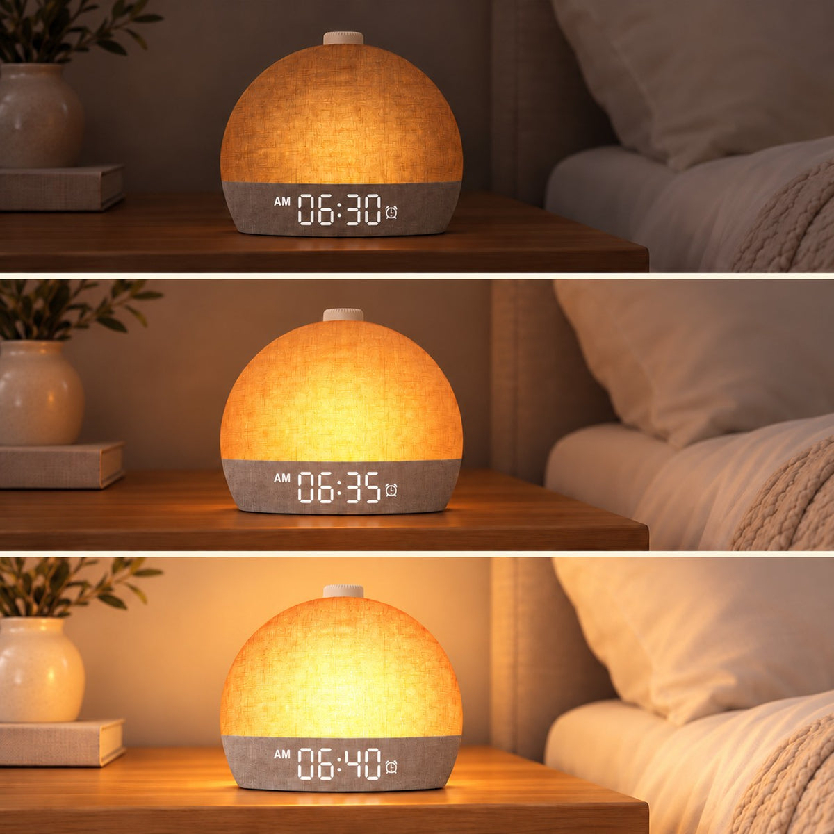 Three frames of the sunrise light brightening from 6:30 to 6:40 AM