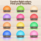 The sunrise alarm clock shown in all twelve light colors