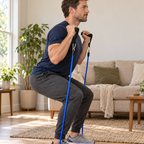Man doing a squat standing on a blue band with handles at his shoulders