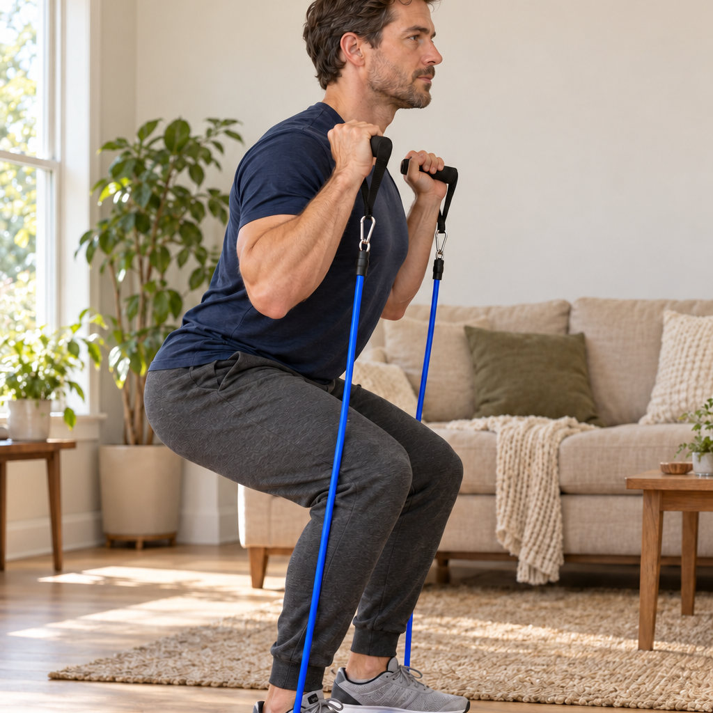 Man doing a squat standing on a blue band with handles at his shoulders